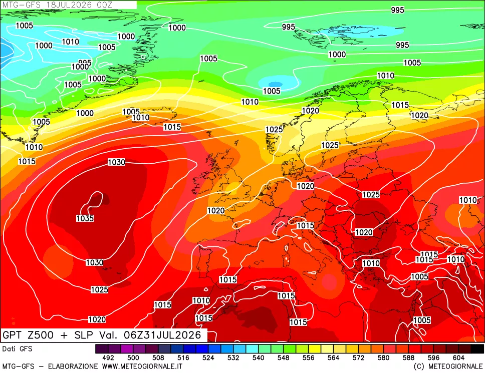 mappa GFS: Geopotenziale a 500 hPa + Pressione sul livello del mare