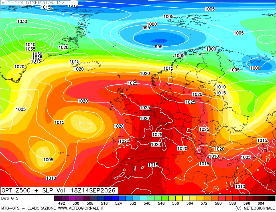 mappa GFS: Geopotenziale a 500 hPa + Pressione sul livello del mare