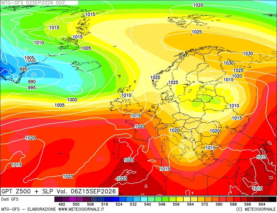 mappa GFS: Geopotenziale a 500 hPa + Pressione sul livello del mare
