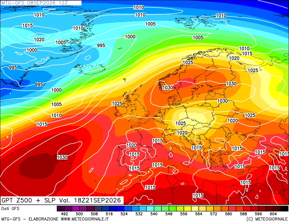 mappa GFS: Geopotenziale a 500 hPa + Pressione sul livello del mare