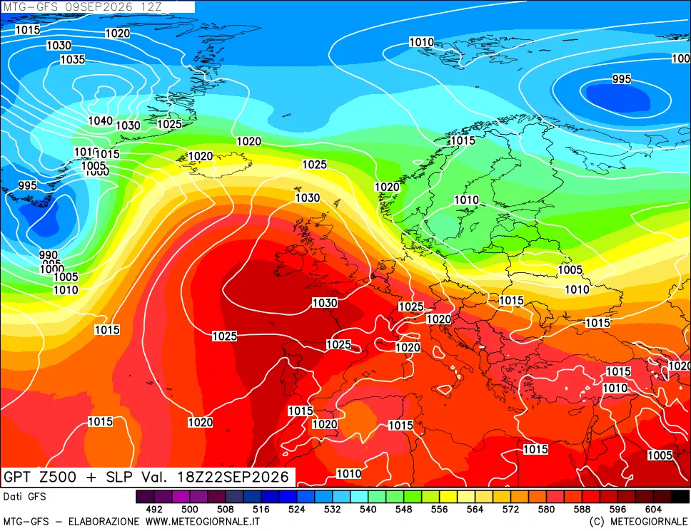 mappa GFS: Geopotenziale a 500 hPa + Pressione sul livello del mare