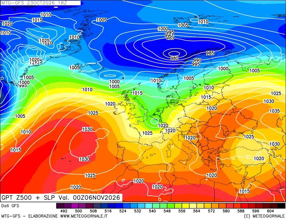 mappa GFS: Geopotenziale a 500 hPa + Pressione sul livello del mare
