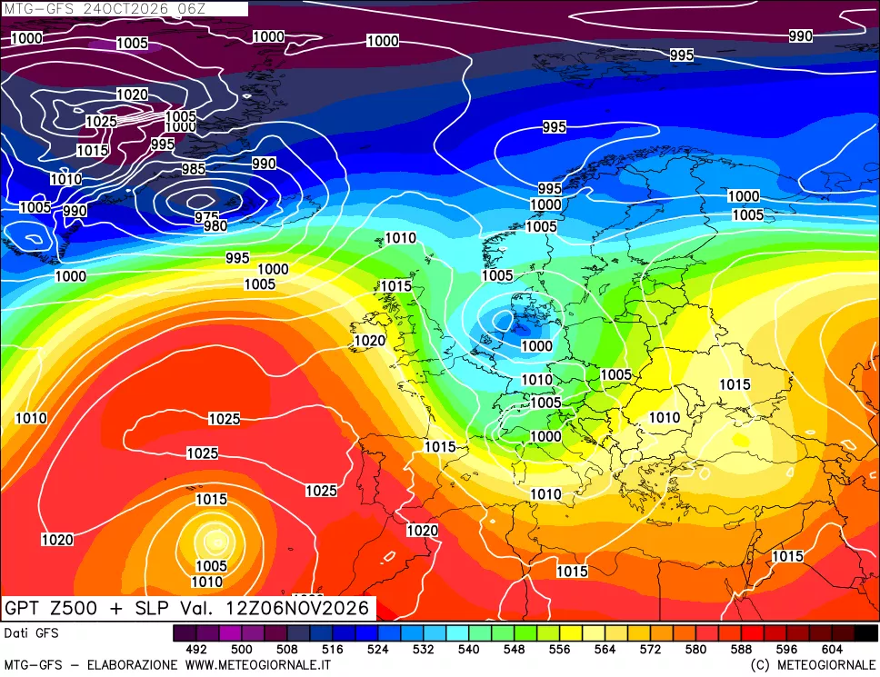 mappa GFS: Geopotenziale a 500 hPa + Pressione sul livello del mare