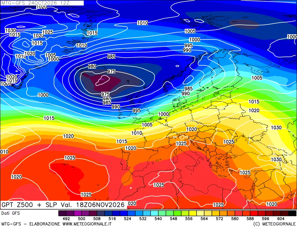 mappa GFS: Geopotenziale a 500 hPa + Pressione sul livello del mare