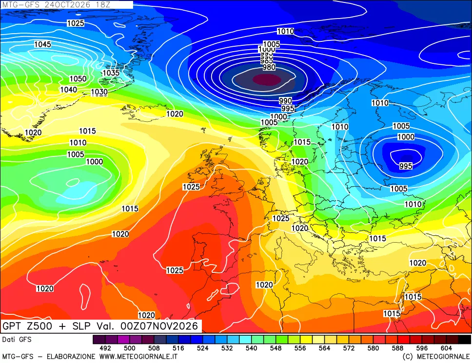 mappa GFS: Geopotenziale a 500 hPa + Pressione sul livello del mare