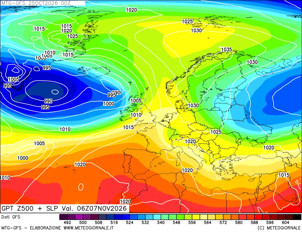 mappa GFS: Geopotenziale a 500 hPa + Pressione sul livello del mare