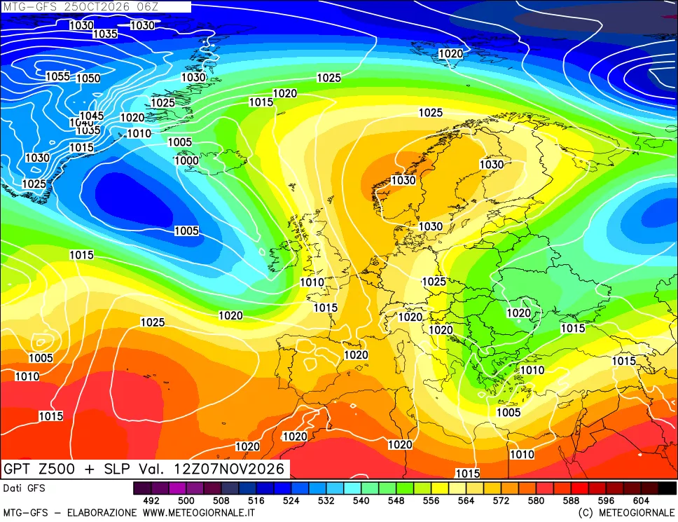 mappa GFS: Geopotenziale a 500 hPa + Pressione sul livello del mare