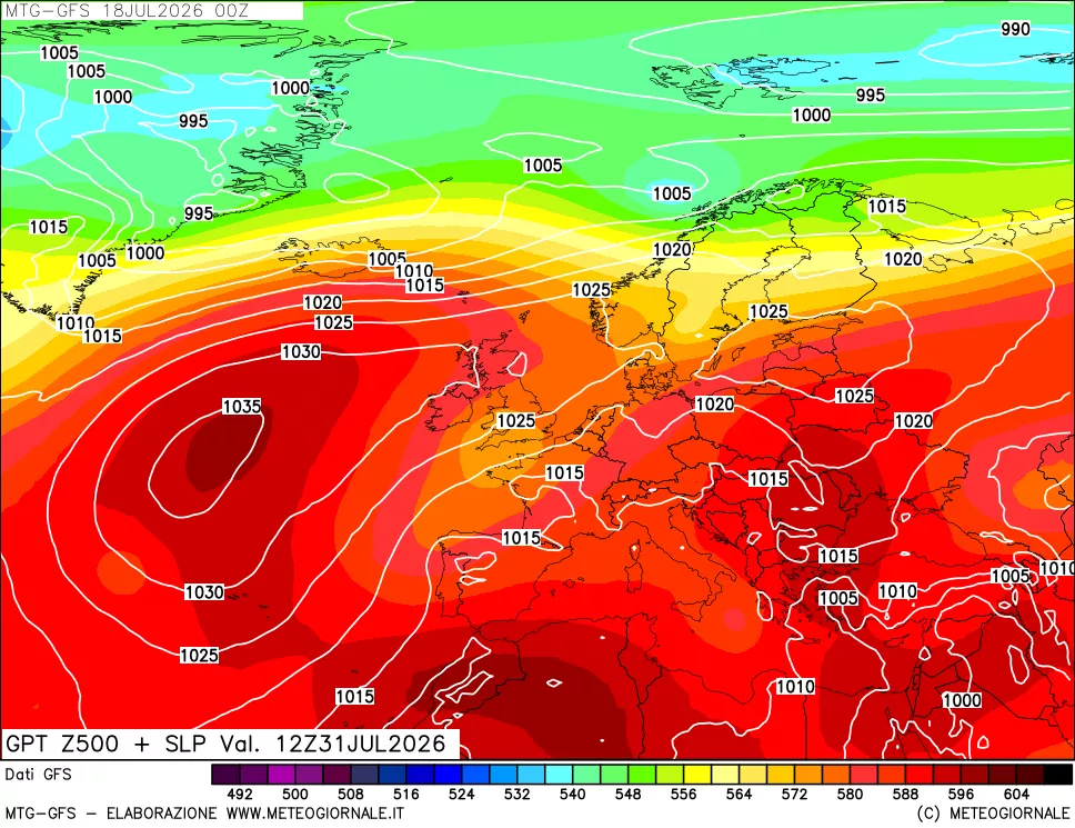 mappa GFS: Geopotenziale a 500 hPa + Pressione sul livello del mare