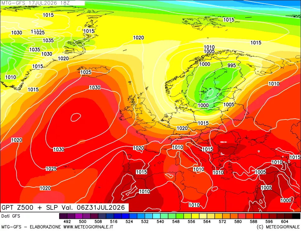 mappa GFS: Geopotenziale a 500 hPa + Pressione sul livello del mare