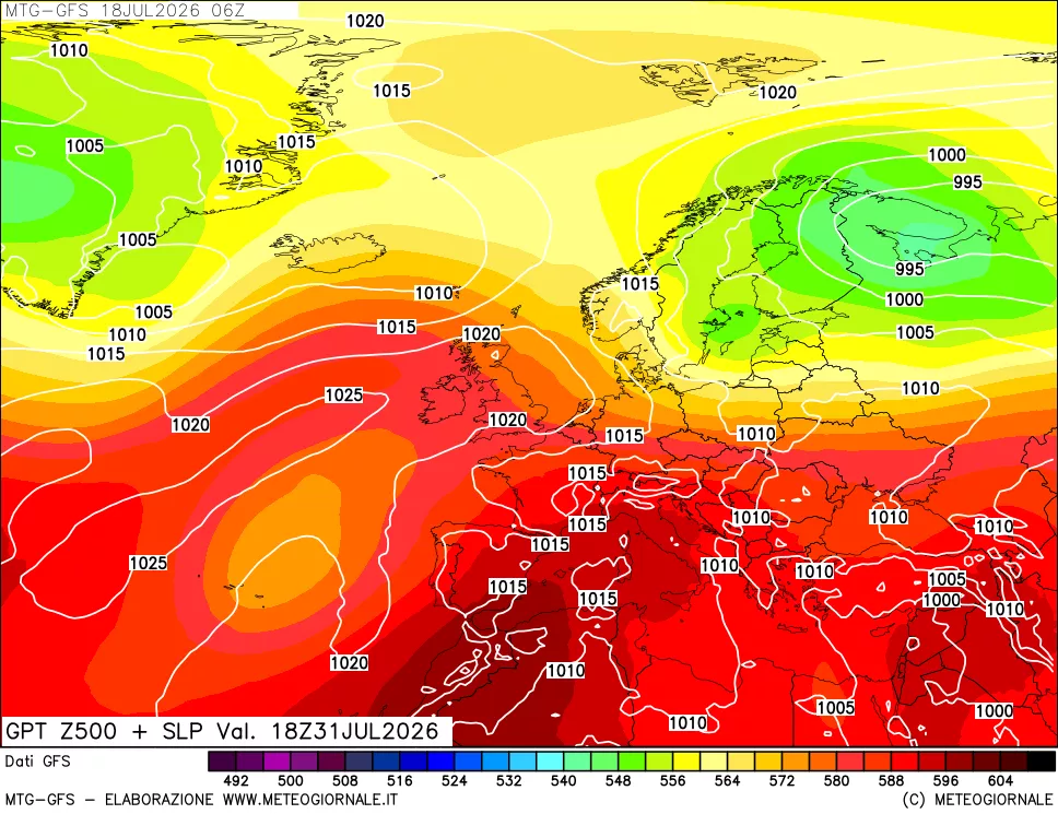 mappa GFS: Geopotenziale a 500 hPa + Pressione sul livello del mare