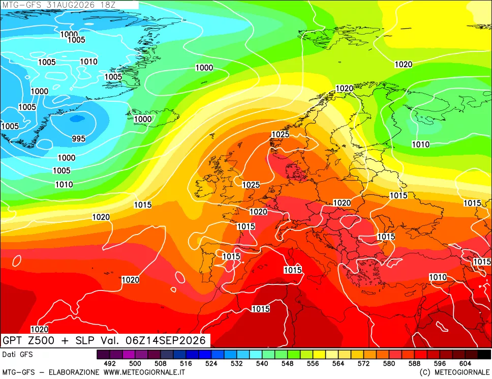 mappa GFS: Geopotenziale a 500 hPa + Pressione sul livello del mare
