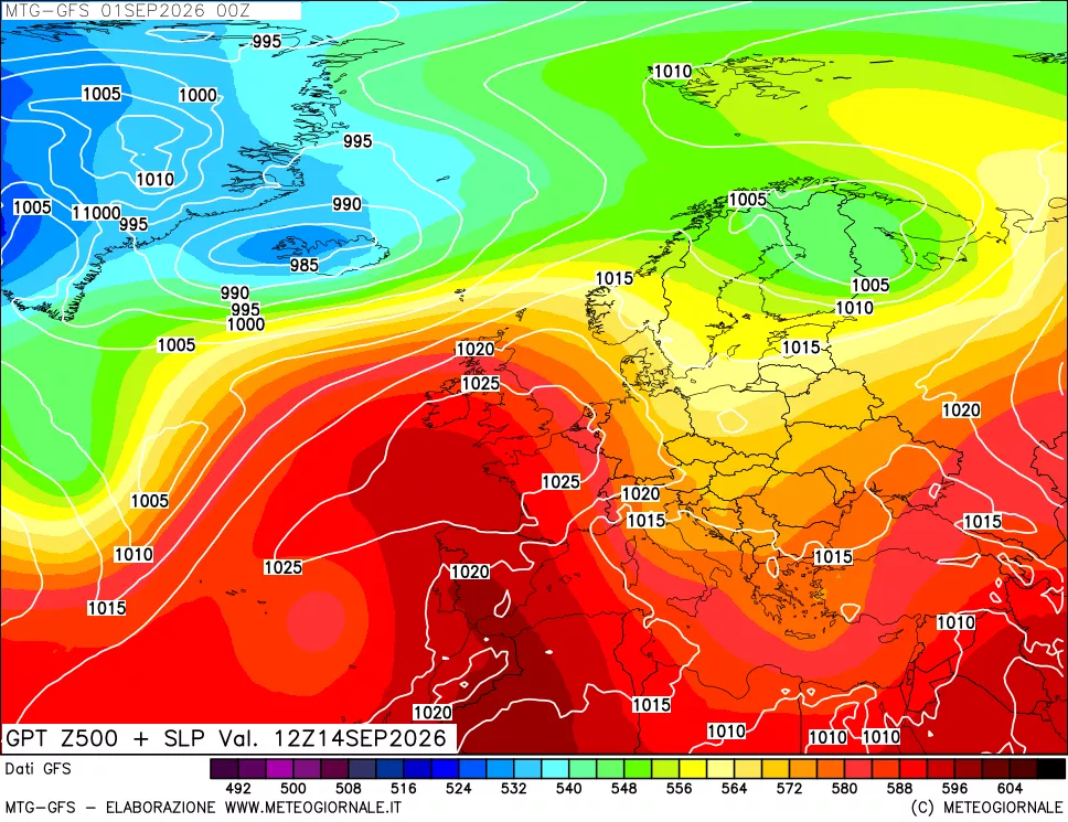 mappa GFS: Geopotenziale a 500 hPa + Pressione sul livello del mare