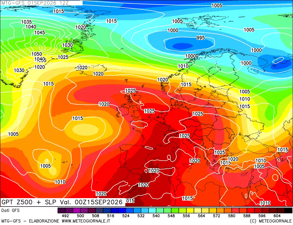 mappa GFS: Geopotenziale a 500 hPa + Pressione sul livello del mare