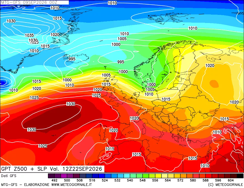 mappa GFS: Geopotenziale a 500 hPa + Pressione sul livello del mare