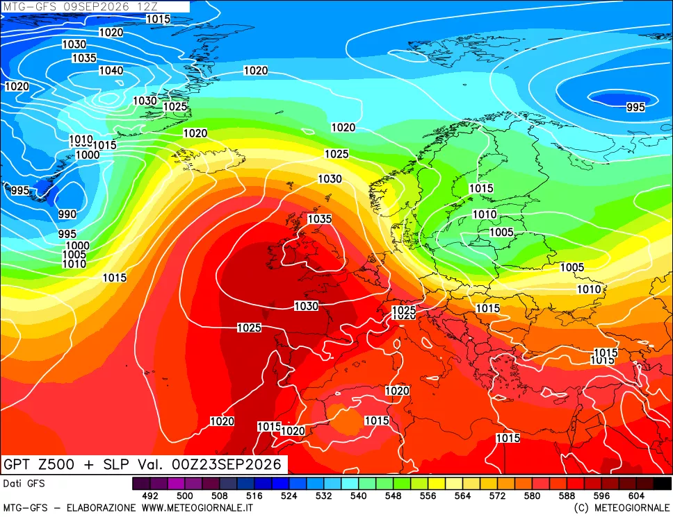 mappa GFS: Geopotenziale a 500 hPa + Pressione sul livello del mare