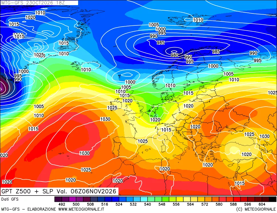 mappa GFS: Geopotenziale a 500 hPa + Pressione sul livello del mare