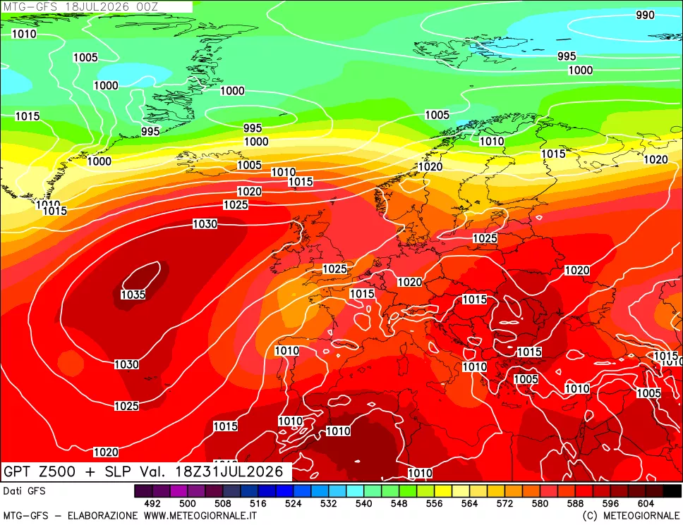 mappa GFS: Geopotenziale a 500 hPa + Pressione sul livello del mare