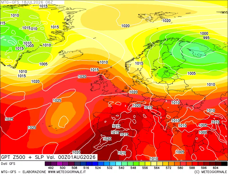 mappa GFS: Geopotenziale a 500 hPa + Pressione sul livello del mare