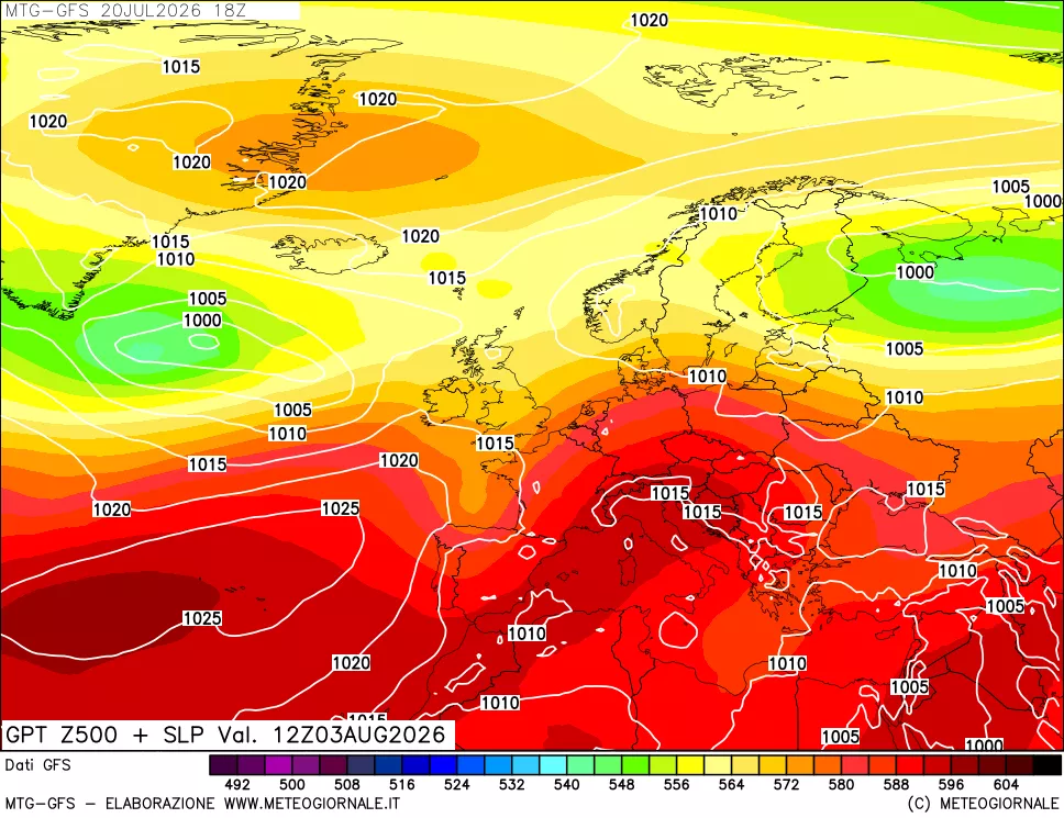 mappa GFS: Geopotenziale a 500 hPa + Pressione sul livello del mare