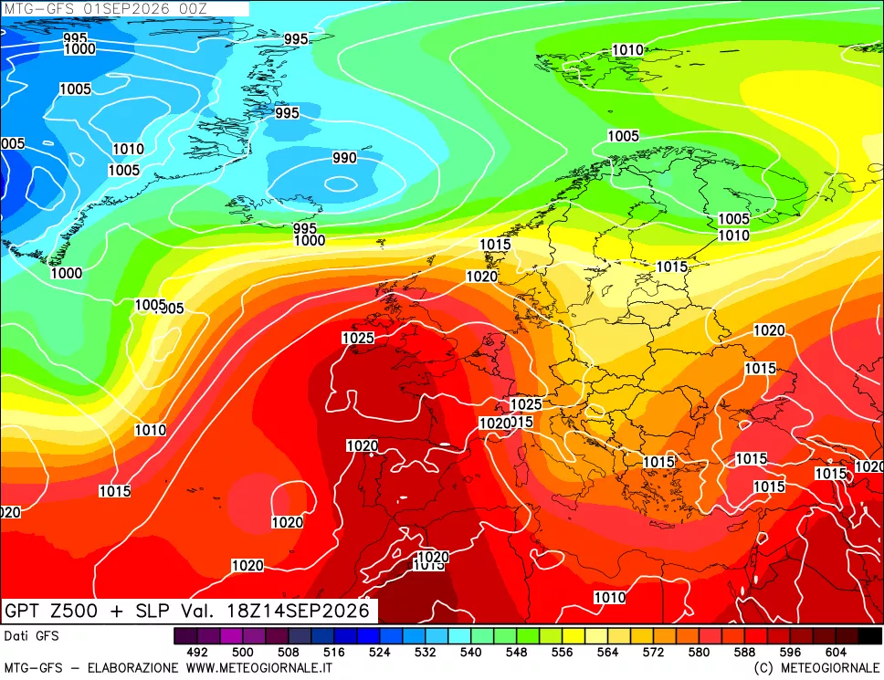 mappa GFS: Geopotenziale a 500 hPa + Pressione sul livello del mare