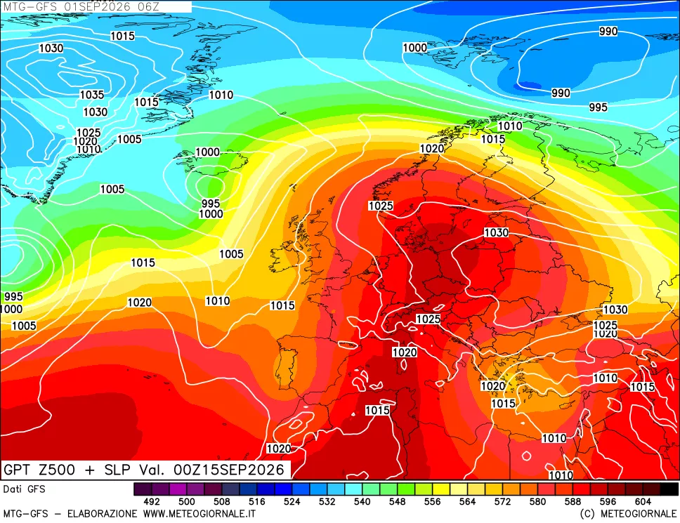 mappa GFS: Geopotenziale a 500 hPa + Pressione sul livello del mare
