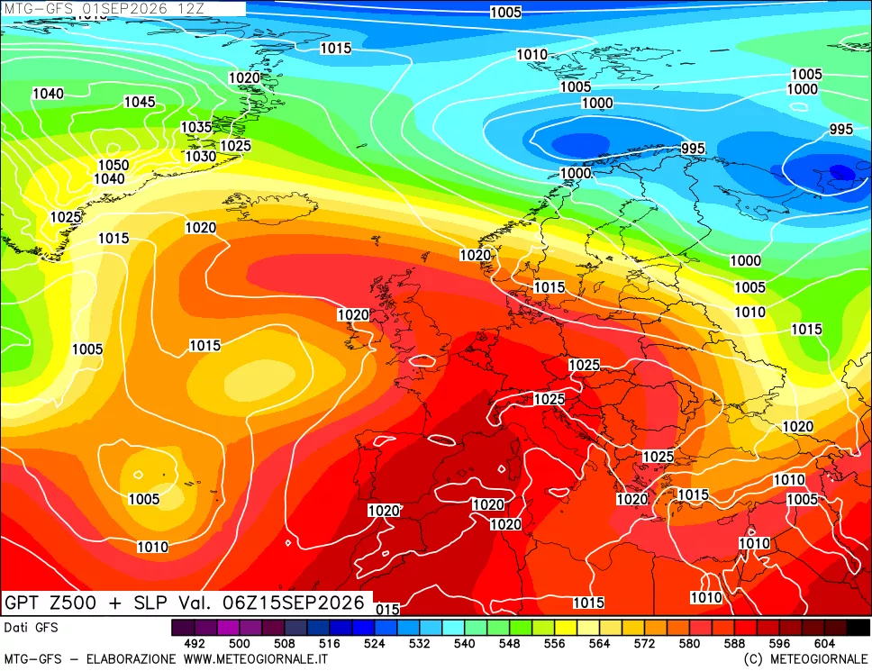 mappa GFS: Geopotenziale a 500 hPa + Pressione sul livello del mare