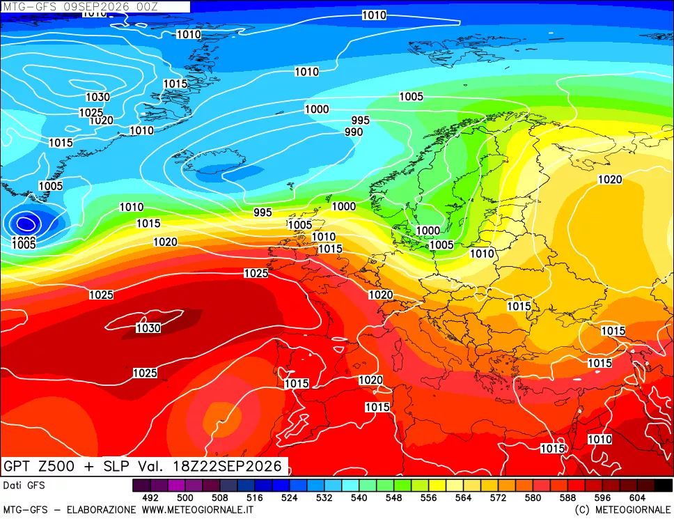 mappa GFS: Geopotenziale a 500 hPa + Pressione sul livello del mare