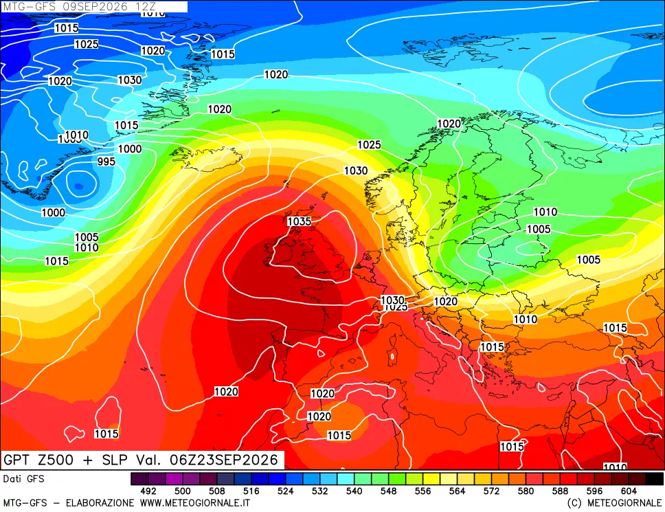 mappa GFS: Geopotenziale a 500 hPa + Pressione sul livello del mare
