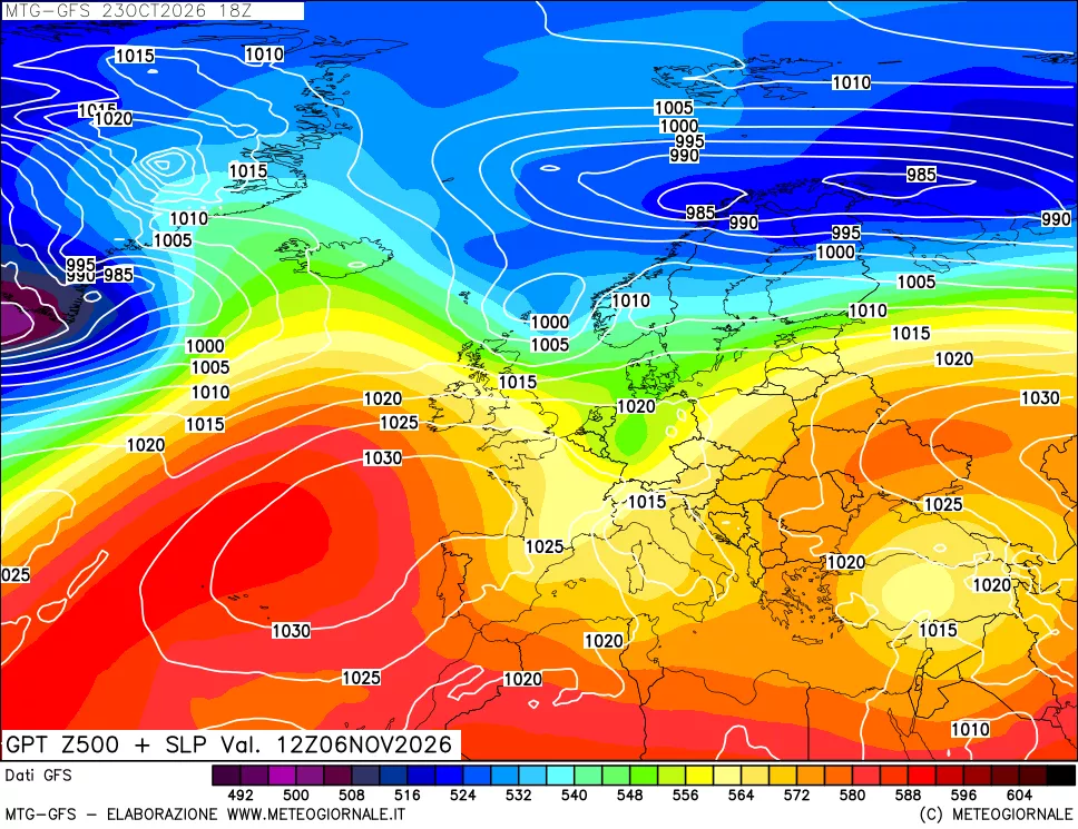 mappa GFS: Geopotenziale a 500 hPa + Pressione sul livello del mare