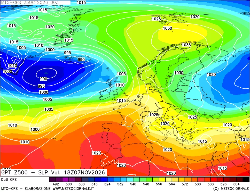 mappa GFS: Geopotenziale a 500 hPa + Pressione sul livello del mare