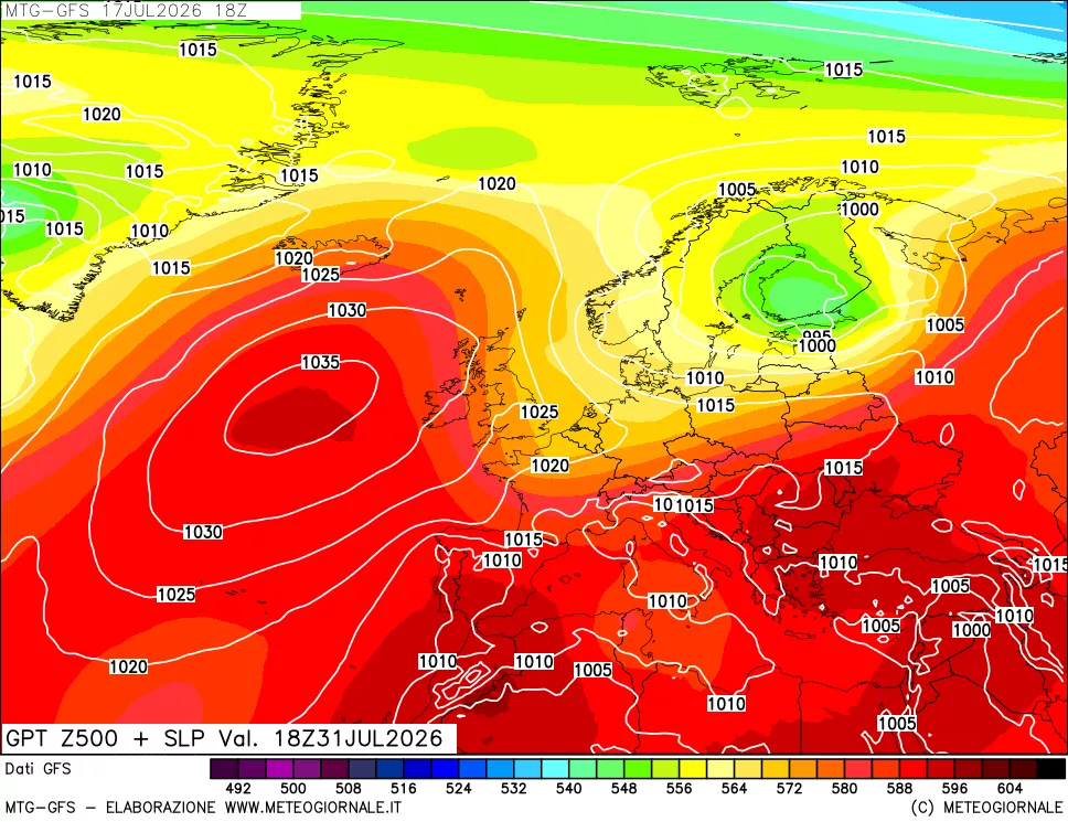 mappa GFS: Geopotenziale a 500 hPa + Pressione sul livello del mare