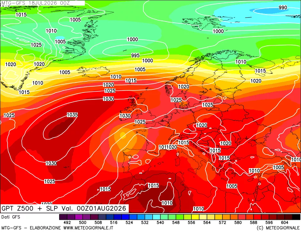 mappa GFS: Geopotenziale a 500 hPa + Pressione sul livello del mare