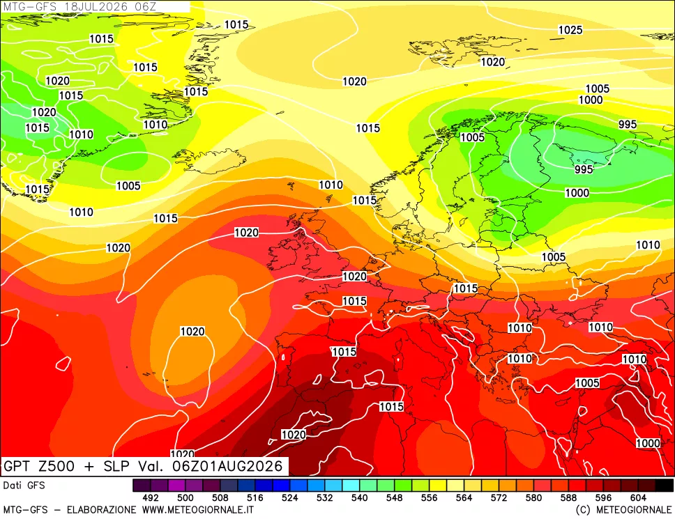 mappa GFS: Geopotenziale a 500 hPa + Pressione sul livello del mare