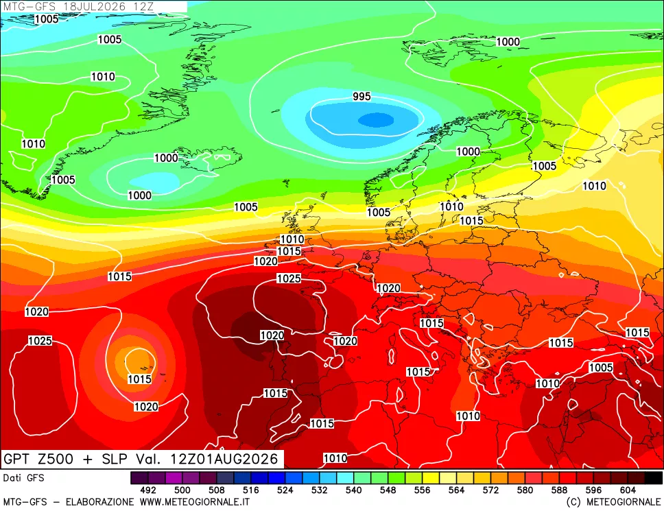 mappa GFS: Geopotenziale a 500 hPa + Pressione sul livello del mare