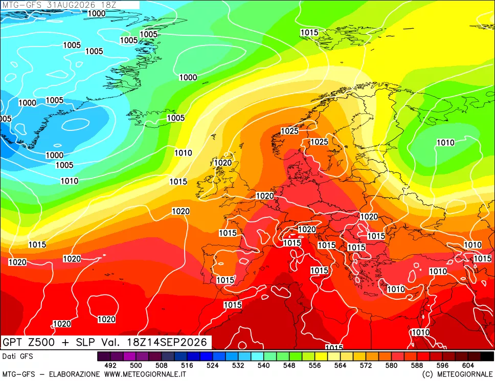mappa GFS: Geopotenziale a 500 hPa + Pressione sul livello del mare