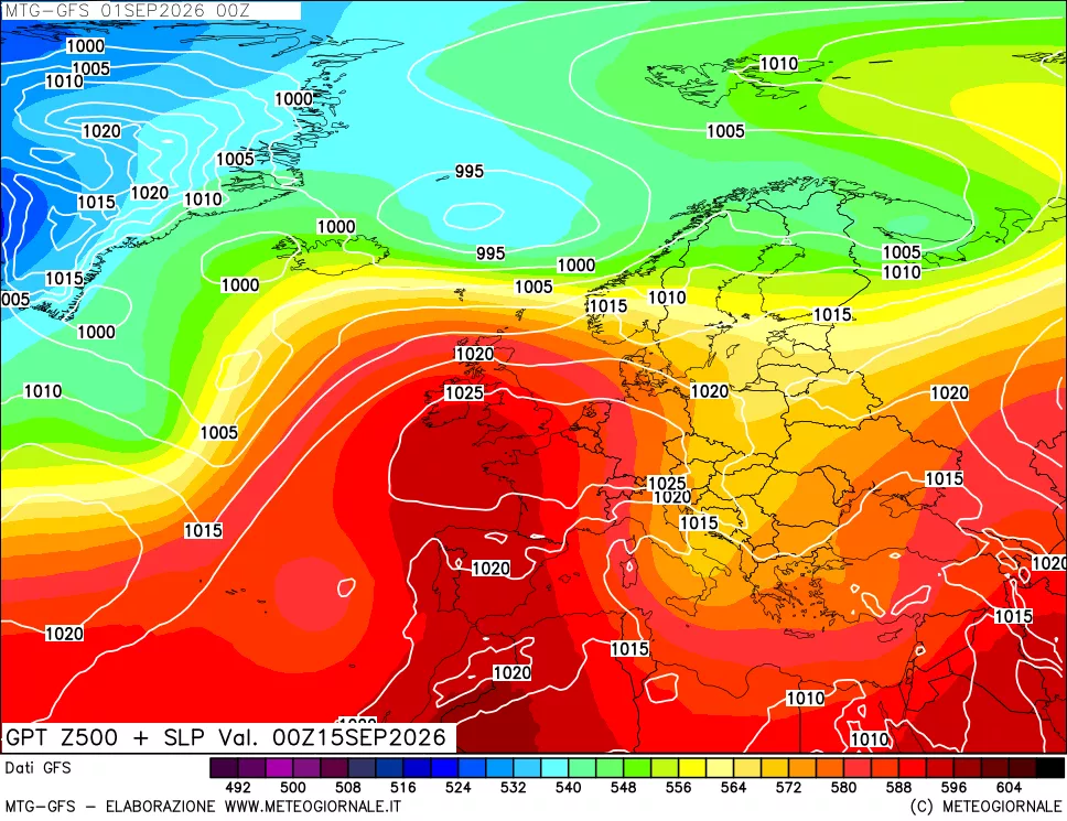 mappa GFS: Geopotenziale a 500 hPa + Pressione sul livello del mare