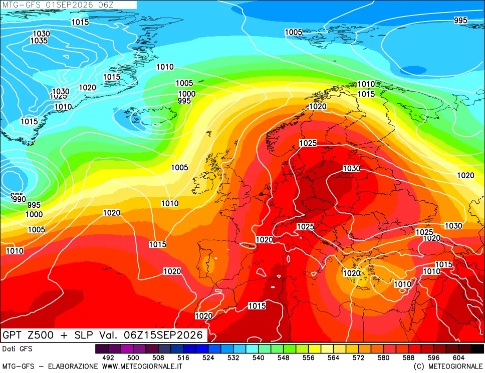 mappa GFS: Geopotenziale a 500 hPa + Pressione sul livello del mare