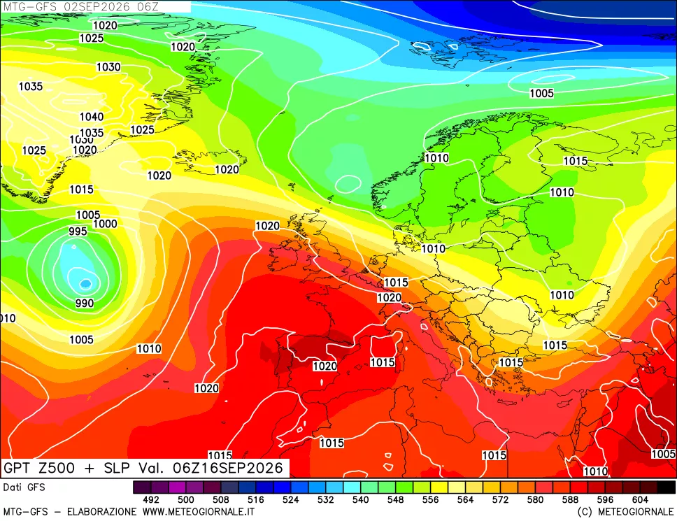 mappa GFS: Geopotenziale a 500 hPa + Pressione sul livello del mare