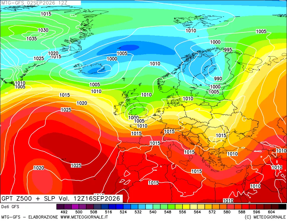 mappa GFS: Geopotenziale a 500 hPa + Pressione sul livello del mare
