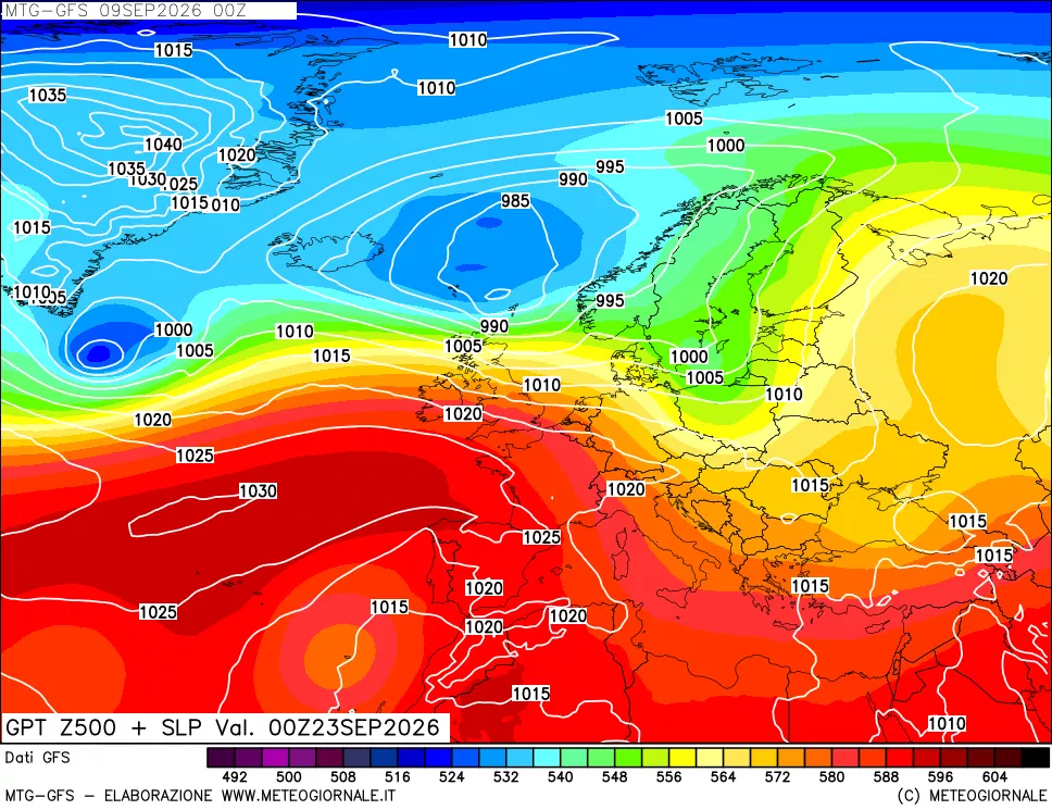mappa GFS: Geopotenziale a 500 hPa + Pressione sul livello del mare