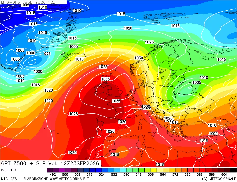 mappa GFS: Geopotenziale a 500 hPa + Pressione sul livello del mare