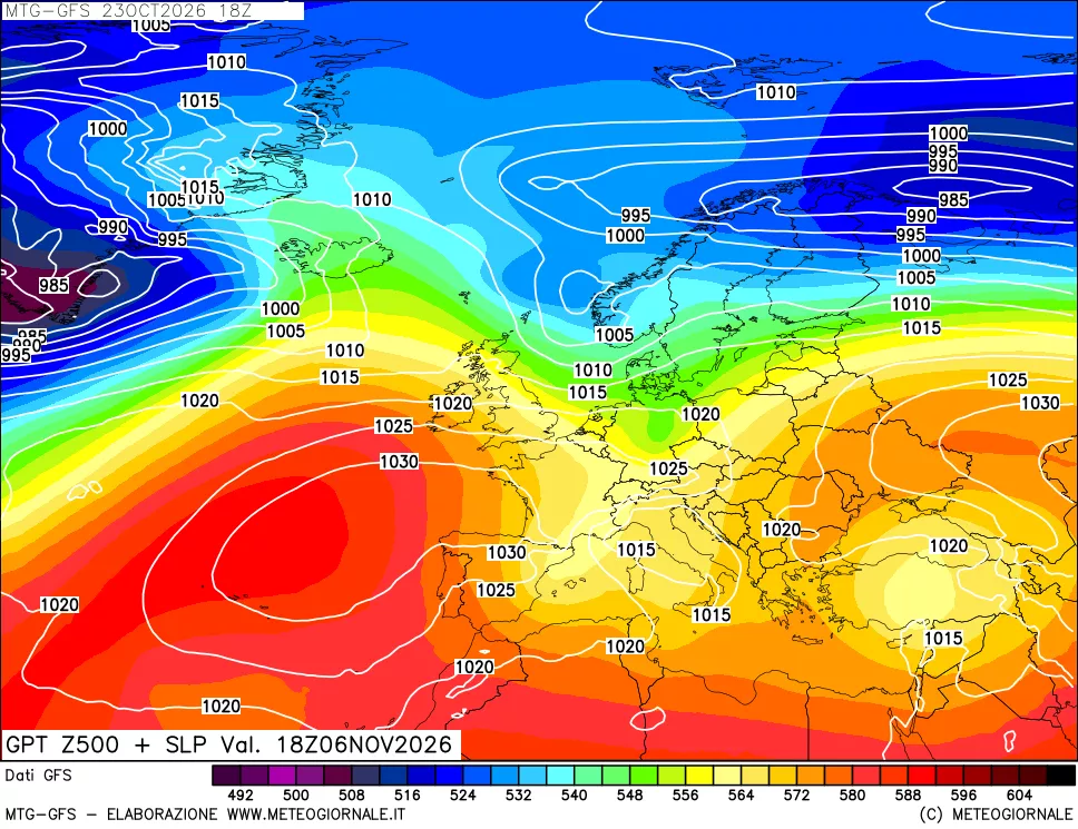 mappa GFS: Geopotenziale a 500 hPa + Pressione sul livello del mare