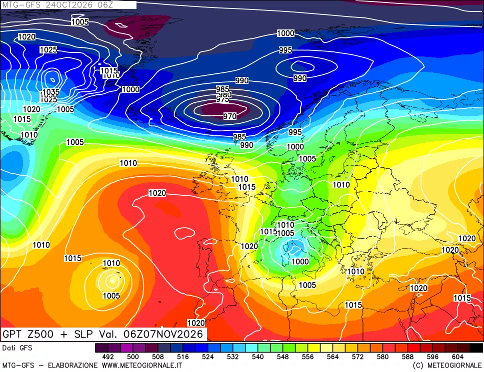 mappa GFS: Geopotenziale a 500 hPa + Pressione sul livello del mare