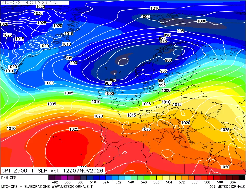 mappa GFS: Geopotenziale a 500 hPa + Pressione sul livello del mare