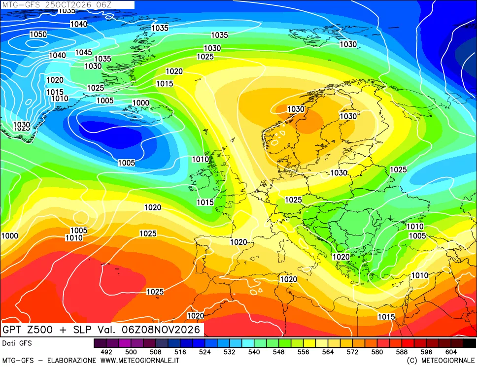 mappa GFS: Geopotenziale a 500 hPa + Pressione sul livello del mare