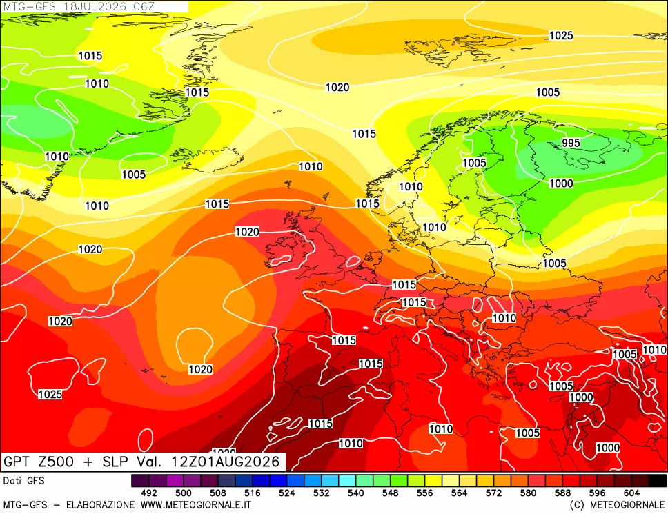 mappa GFS: Geopotenziale a 500 hPa + Pressione sul livello del mare