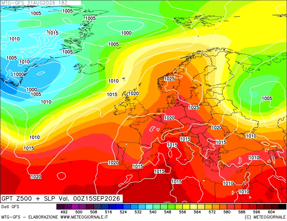 mappa GFS: Geopotenziale a 500 hPa + Pressione sul livello del mare