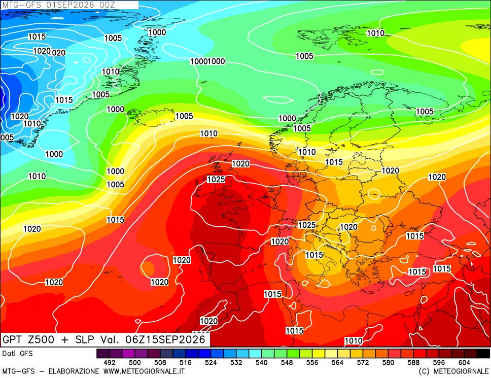 mappa GFS: Geopotenziale a 500 hPa + Pressione sul livello del mare