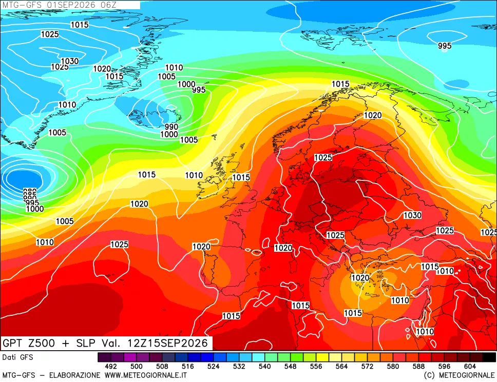 mappa GFS: Geopotenziale a 500 hPa + Pressione sul livello del mare