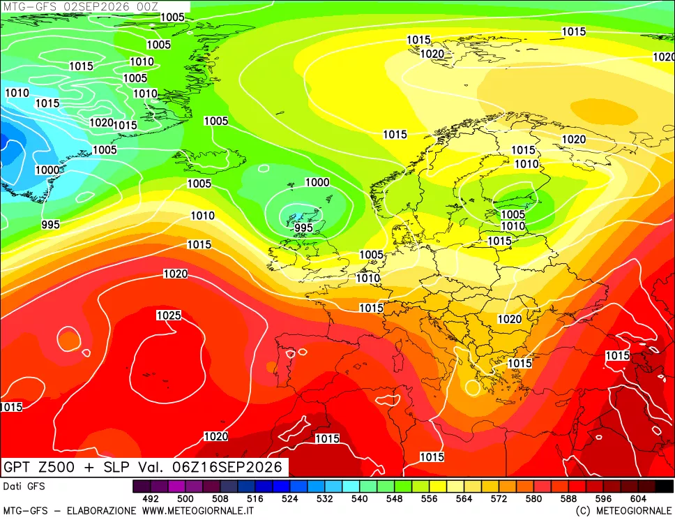 mappa GFS: Geopotenziale a 500 hPa + Pressione sul livello del mare